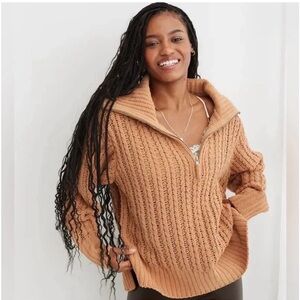 Aerie Cable Car Quarter Zip Sweater Cozy Tan Women's Sweater XL EUC